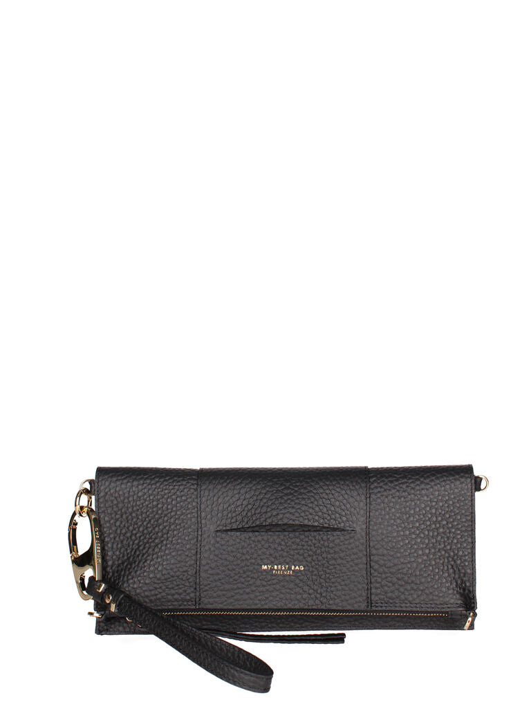 Black Textured Leather Wristlet Clutch with Zip Closure