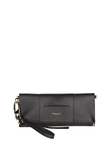 Black Textured Leather Wristlet Clutch with Zip Closure
