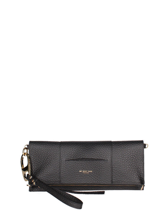 Black Textured Leather Wristlet Clutch with Zip Closure