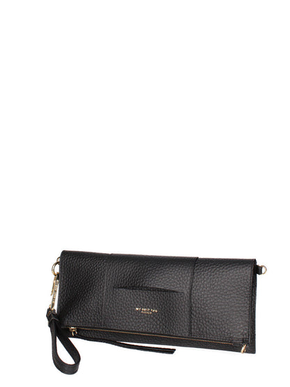 Black Textured Leather Wristlet Clutch with Zip Closure