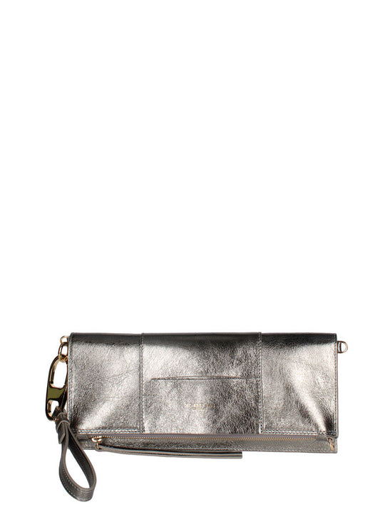 Silver Metallic Leather Clutch with Wrist Strap