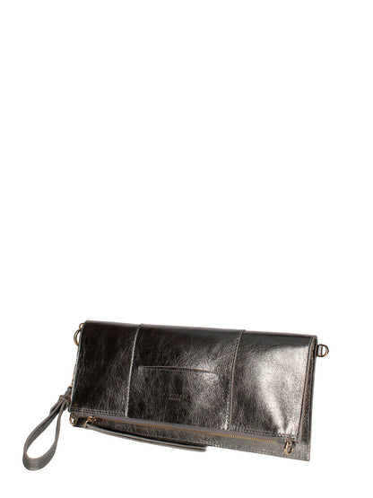 Silver Metallic Leather Clutch with Wrist Strap