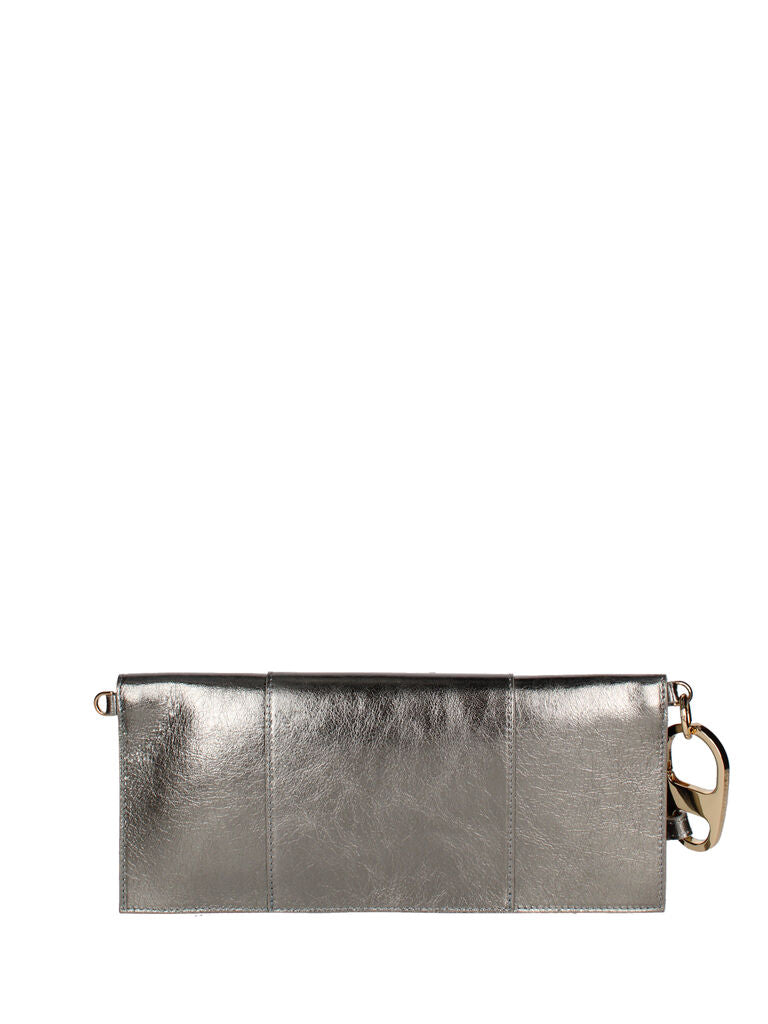 Silver Metallic Leather Clutch with Wrist Strap