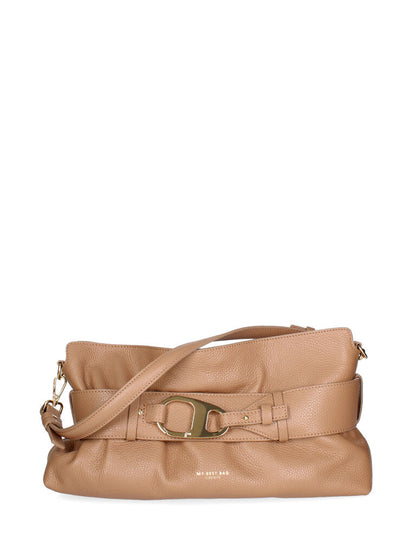 Camel Textured Leather Shoulder Bag with Gold Accent