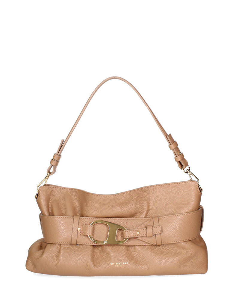 Camel Textured Leather Shoulder Bag with Gold Accent