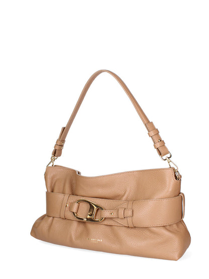 Camel Textured Leather Shoulder Bag with Gold Accent