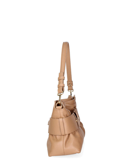 Camel Textured Leather Shoulder Bag with Gold Accent