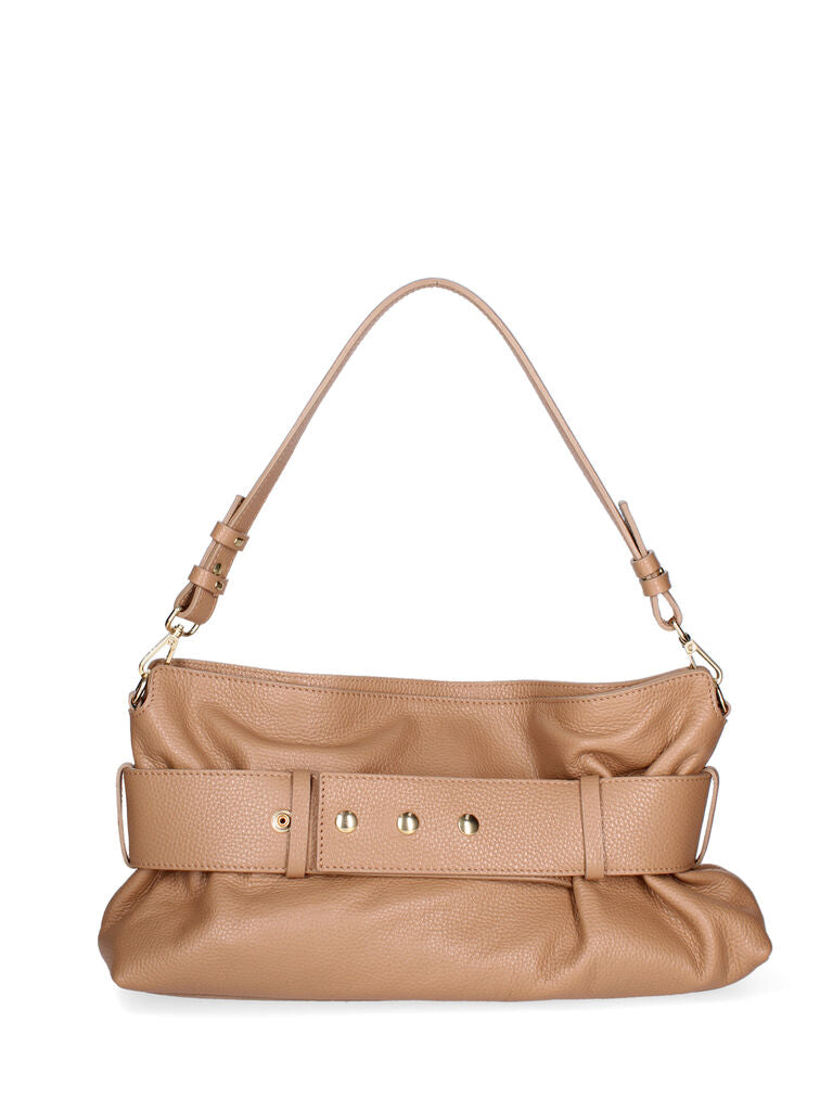 Camel Textured Leather Shoulder Bag with Gold Accent