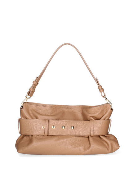 Camel Textured Leather Shoulder Bag with Gold Accent