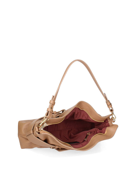 Camel Textured Leather Shoulder Bag with Gold Accent