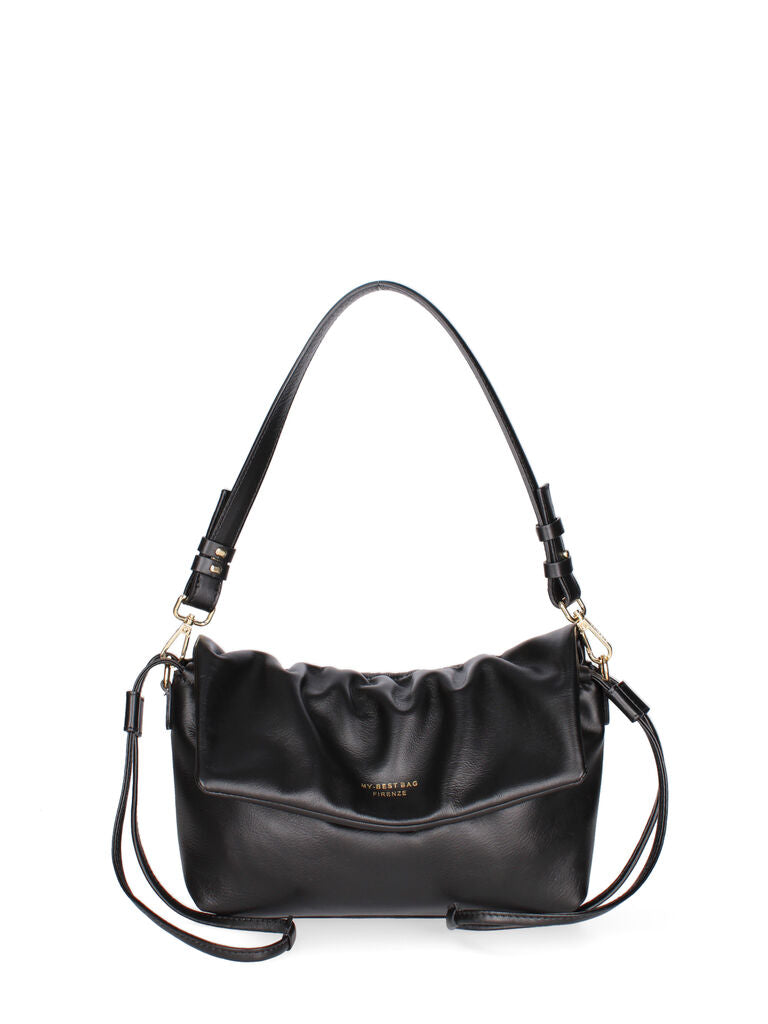 Black Leather Pleated Shoulder Bag