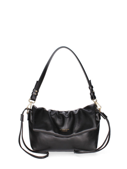 Black Leather Pleated Shoulder Bag