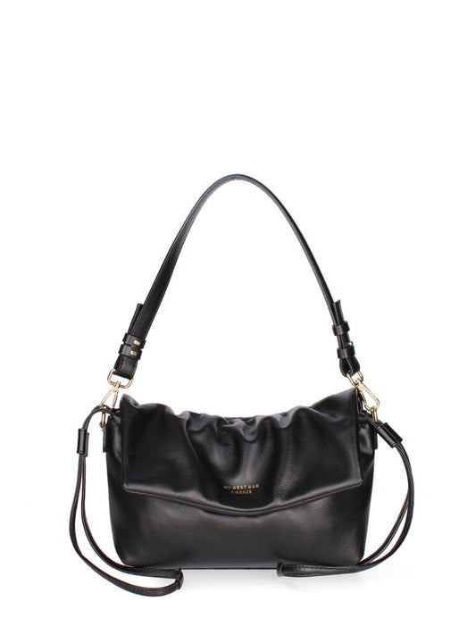 Black Leather Pleated Shoulder Bag