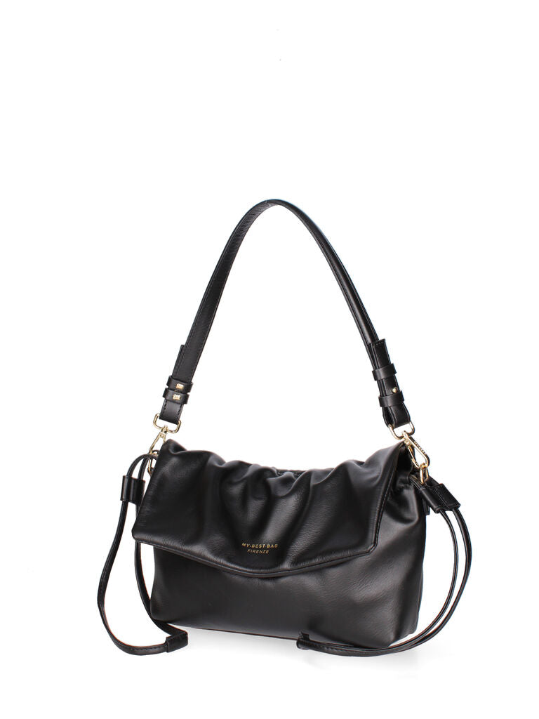 Black Leather Pleated Shoulder Bag