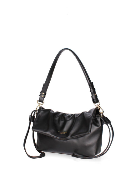 Black Leather Pleated Shoulder Bag