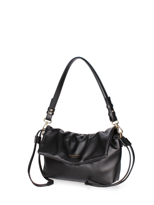 Black Leather Pleated Shoulder Bag