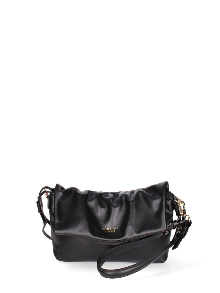 Black Leather Pleated Shoulder Bag