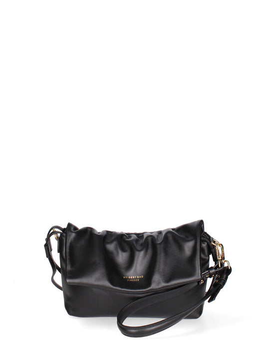 Black Leather Pleated Shoulder Bag