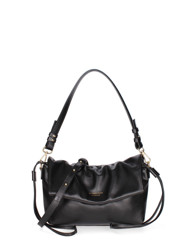 Black Leather Pleated Shoulder Bag