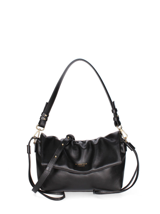 Black Leather Pleated Shoulder Bag
