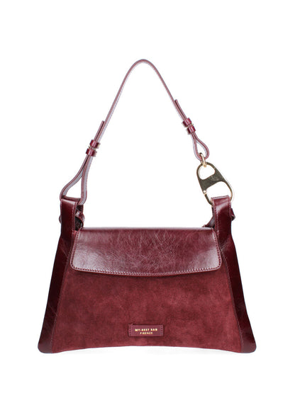 Burgundy Leather and Suede Shoulder Bag with Gold Accent