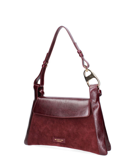 Burgundy Leather and Suede Shoulder Bag with Gold Accent