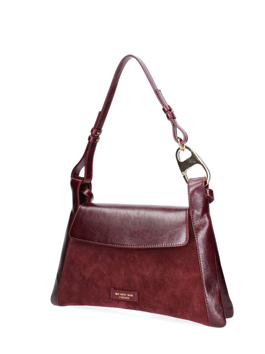 Burgundy Leather and Suede Shoulder Bag with Gold Accent