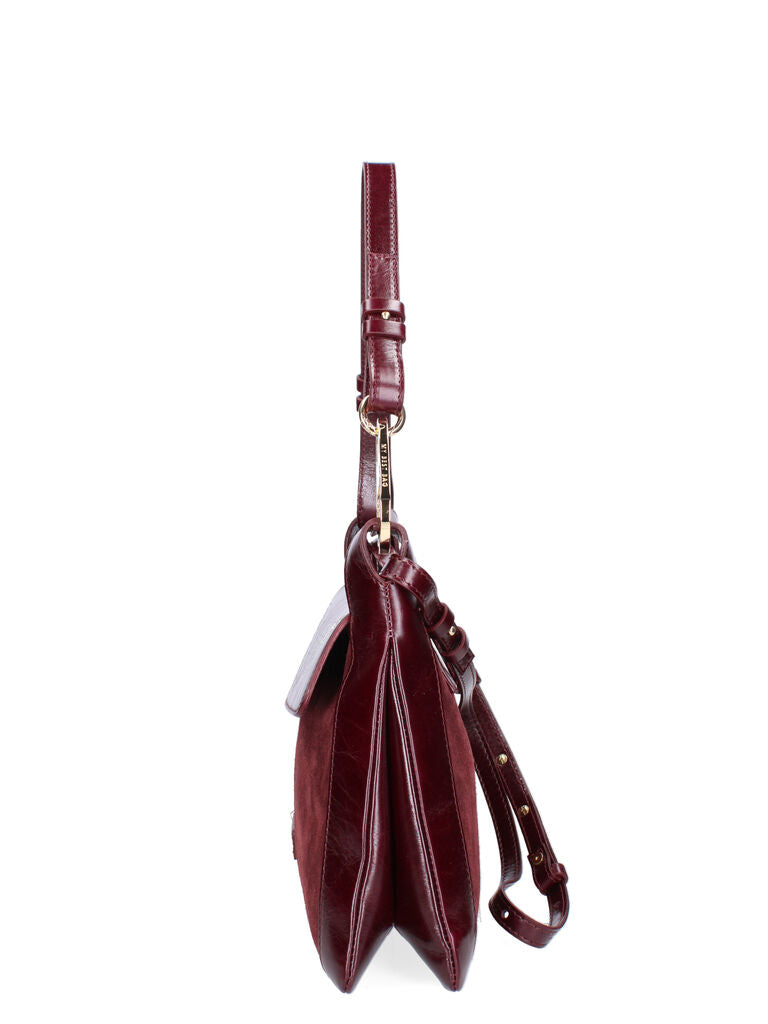 Burgundy Leather and Suede Shoulder Bag with Gold Accent