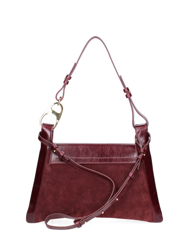 Burgundy Leather and Suede Shoulder Bag with Gold Accent