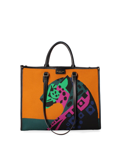 Orange Canvas Tote Bag with Artistic Jaguar Design