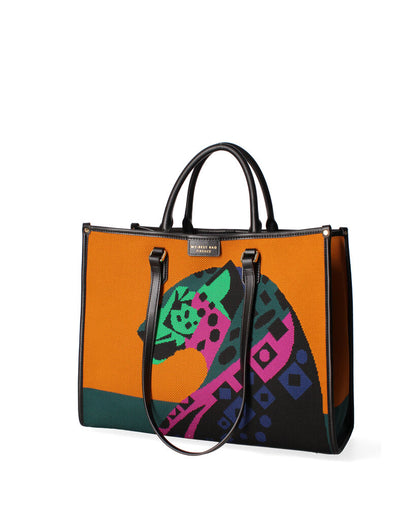 Orange Canvas Tote Bag with Artistic Jaguar Design