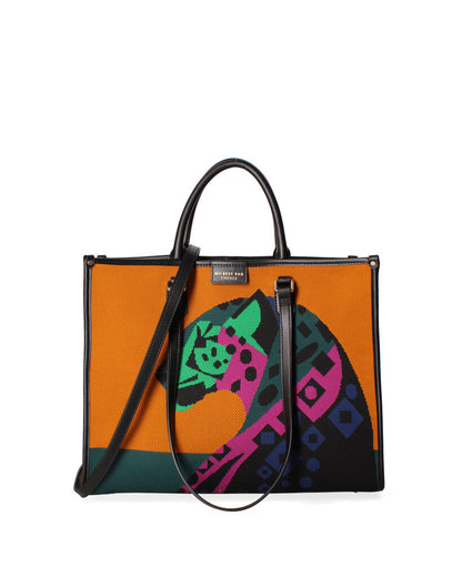 Orange Canvas Tote Bag with Artistic Jaguar Design