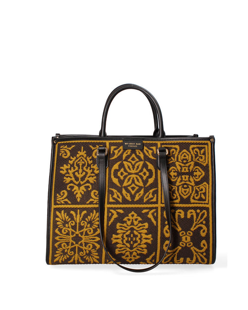 Yellow Geometric Pattern Tote Bag with Leather Handles