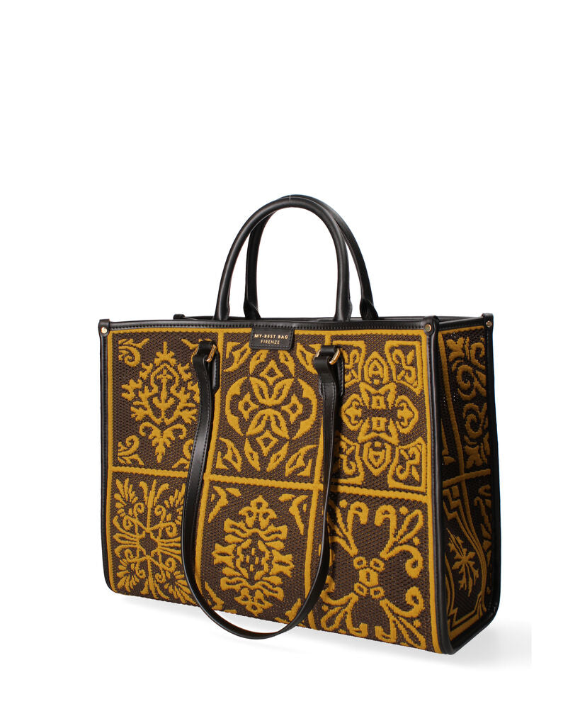 Yellow Geometric Pattern Tote Bag with Leather Handles