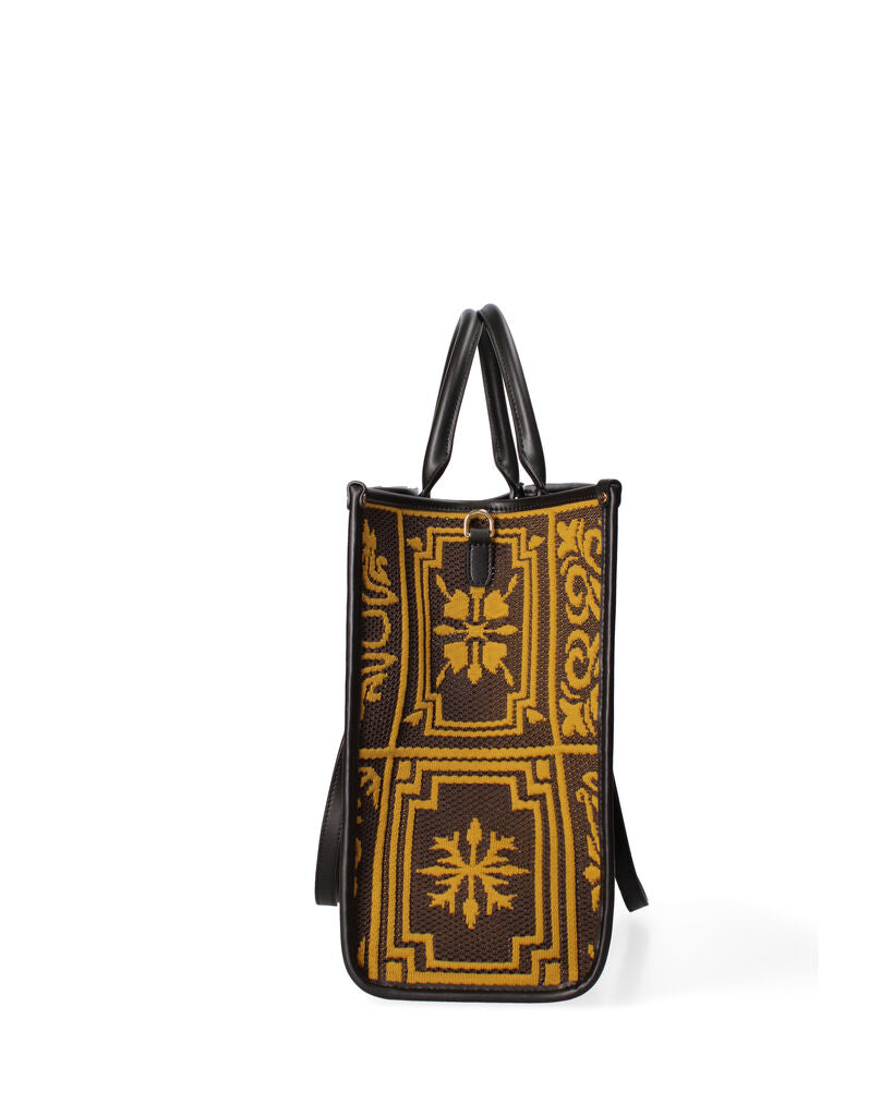 Yellow Geometric Pattern Tote Bag with Leather Handles