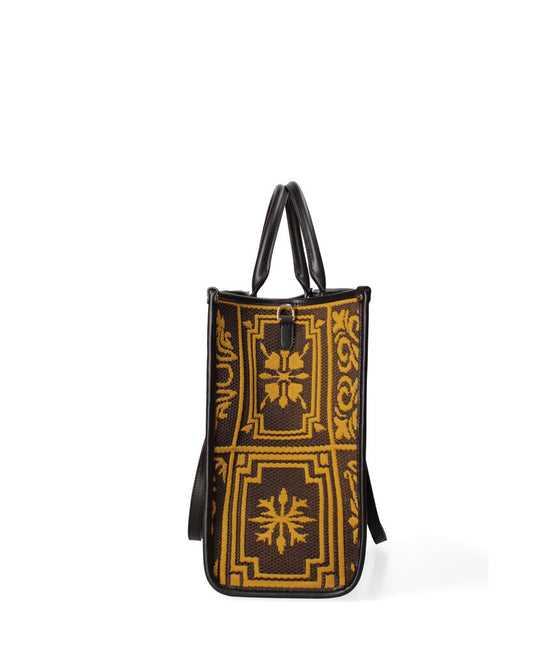 Yellow Geometric Pattern Tote Bag with Leather Handles