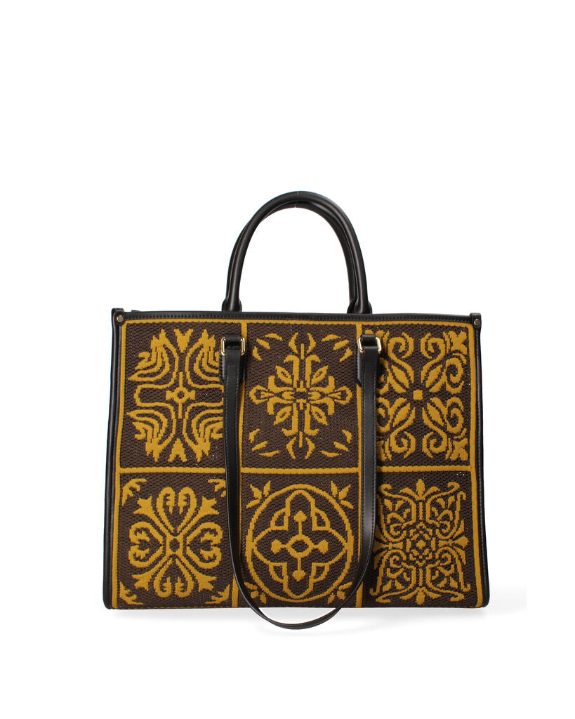 Yellow Geometric Pattern Tote Bag with Leather Handles