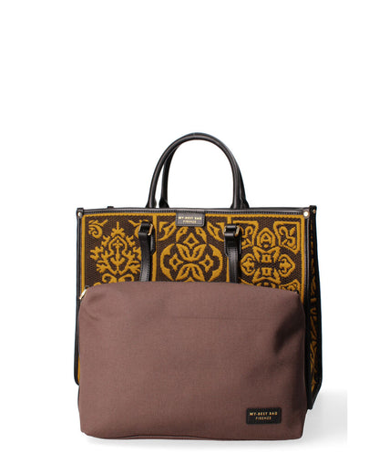 Yellow Geometric Pattern Tote Bag with Leather Handles