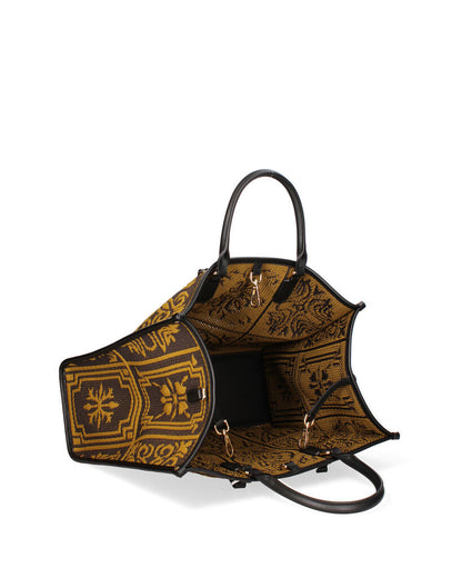 Yellow Geometric Pattern Tote Bag with Leather Handles