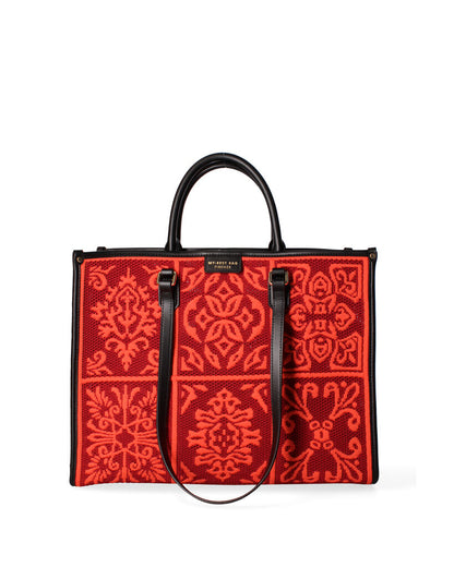 Red Embroidered Tote Bag with Ornate Design