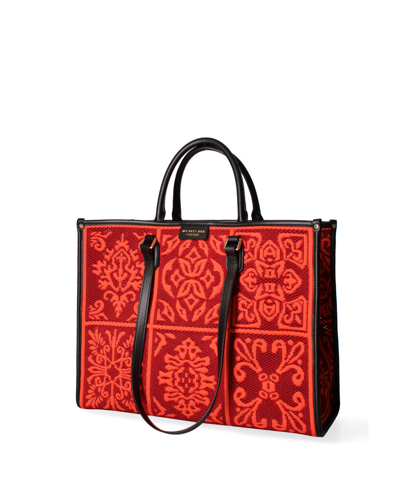 Red Embroidered Tote Bag with Ornate Design