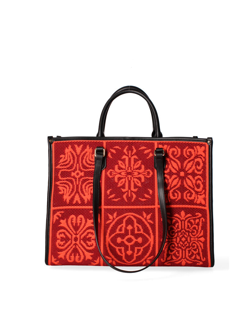 Red Embroidered Tote Bag with Ornate Design