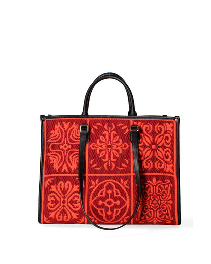 Red Embroidered Tote Bag with Ornate Design