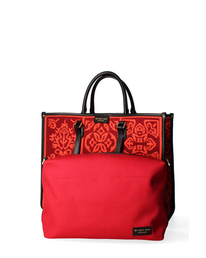 Red Embroidered Tote Bag with Ornate Design