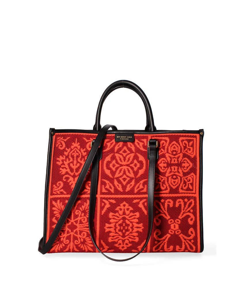 Red Embroidered Tote Bag with Ornate Design