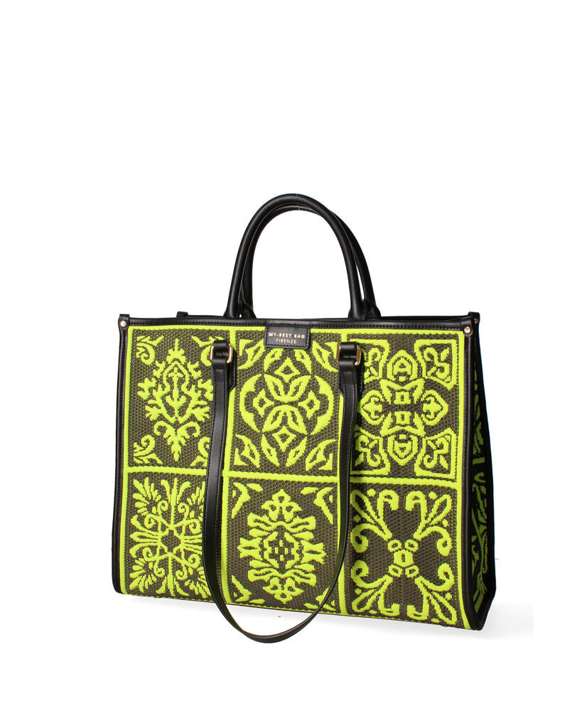 Black and Yellow Geometric-Pattern Tote with Double Handle