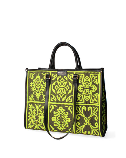 Black and Yellow Geometric-Pattern Tote with Double Handle