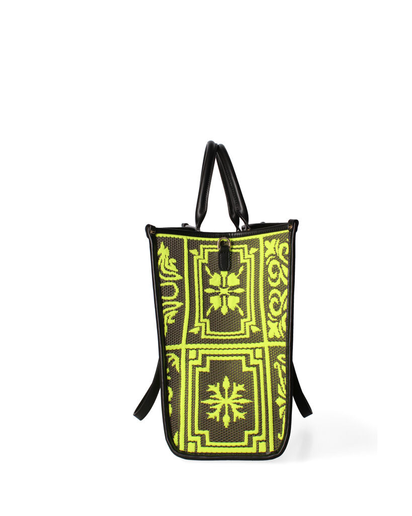 Black and Yellow Geometric-Pattern Tote with Double Handle