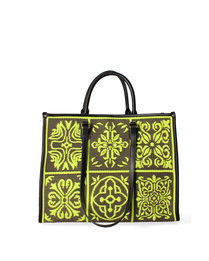 Black and Yellow Geometric-Pattern Tote with Double Handle