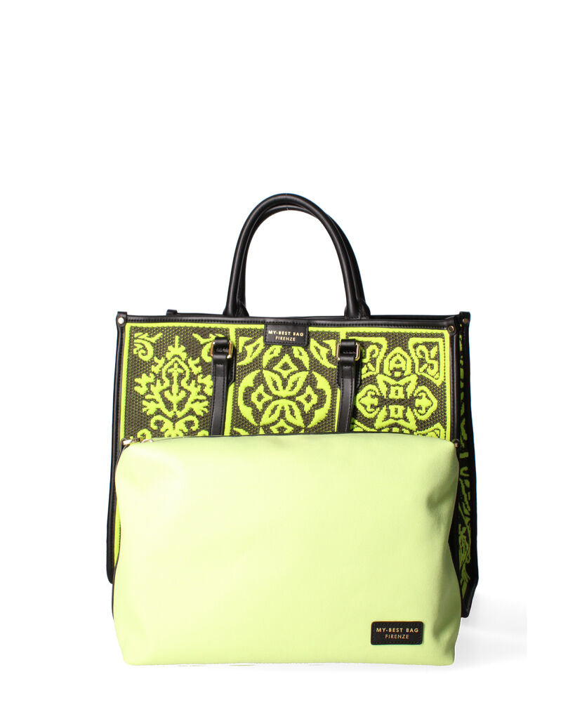 Black and Yellow Geometric-Pattern Tote with Double Handle